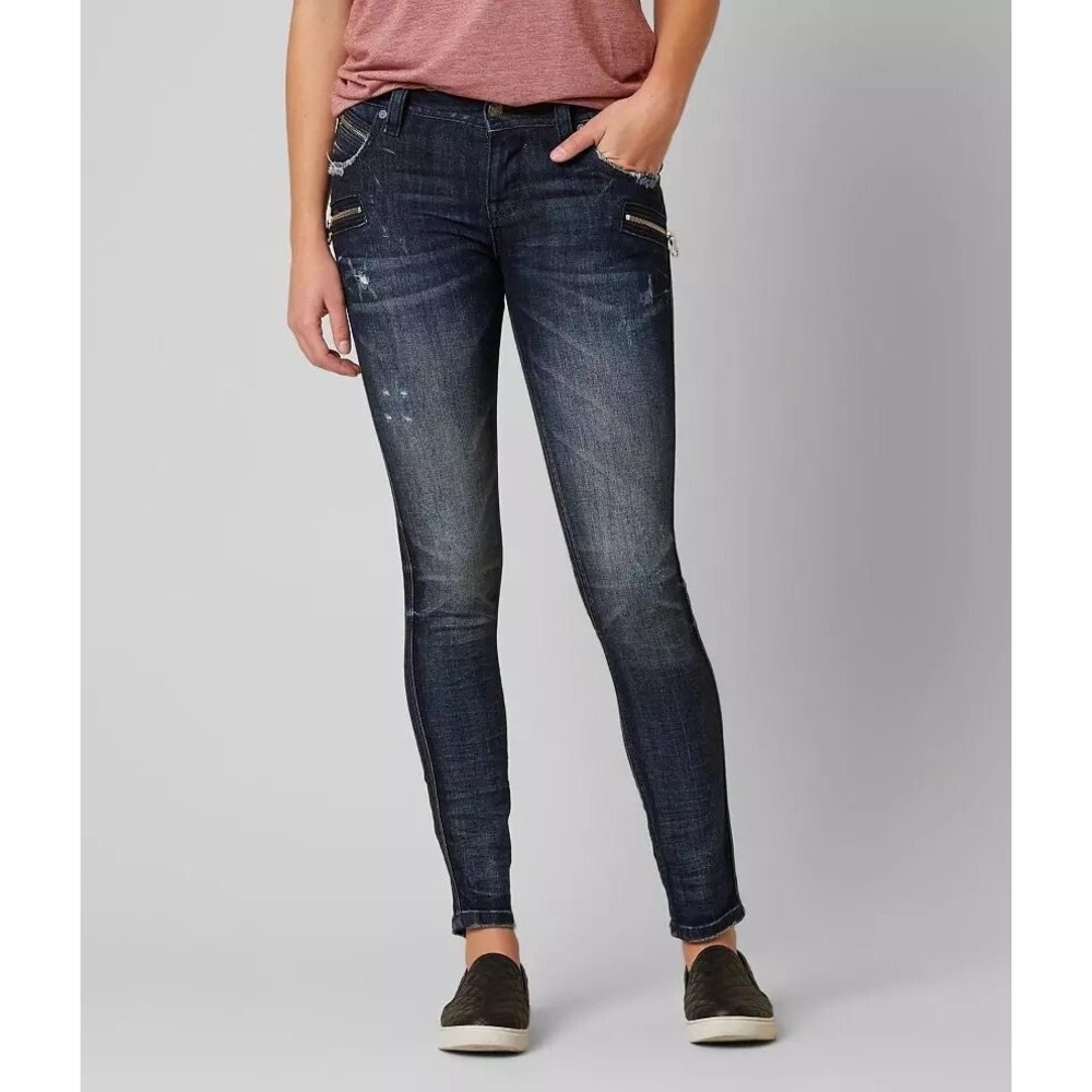 NWT Rock Revival Moto Cladelle Skinny Distressed Zipper Jeans Blue Womens 26